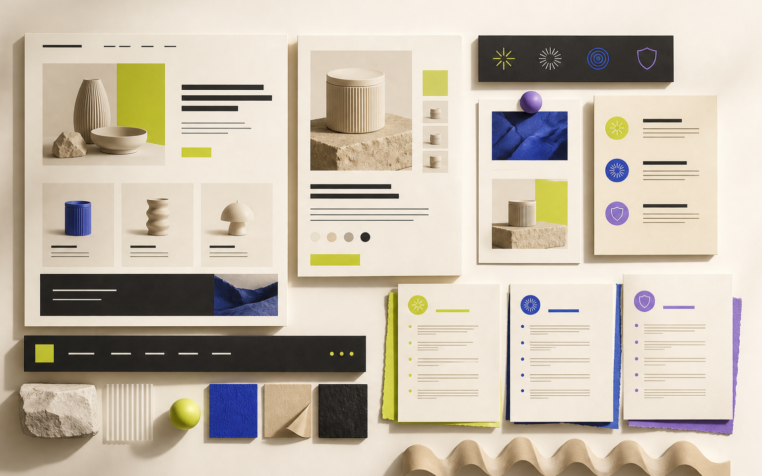 Modular storefront content cards showing product imagery, navigation, policies and page sections.