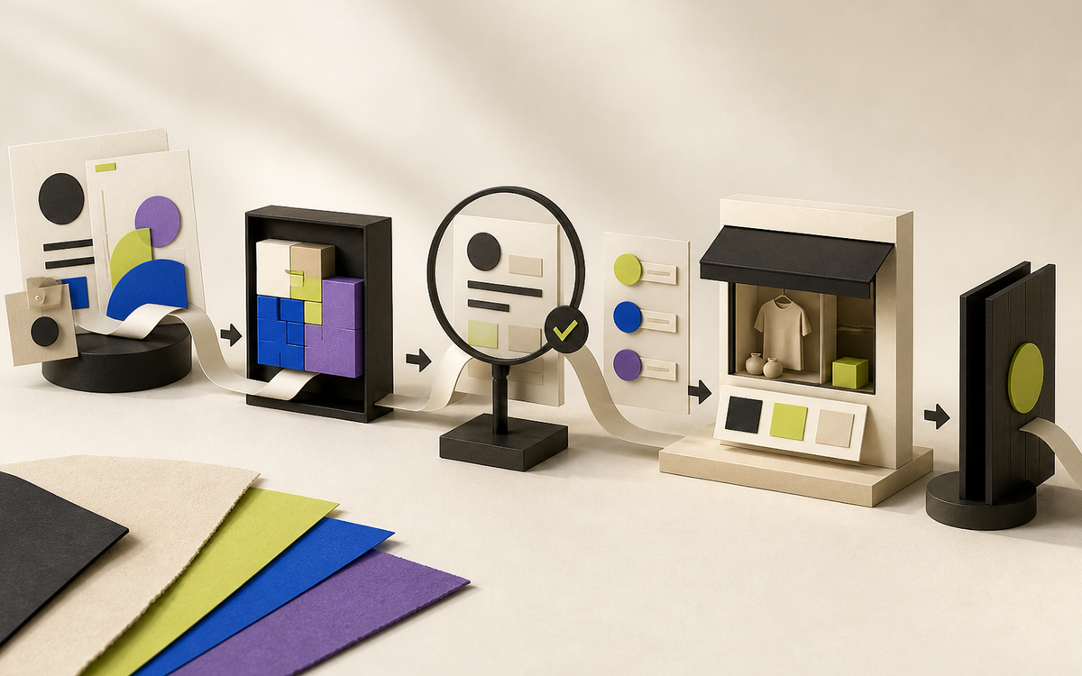 A visual workflow moving from brief cards through production and review to controlled handover.