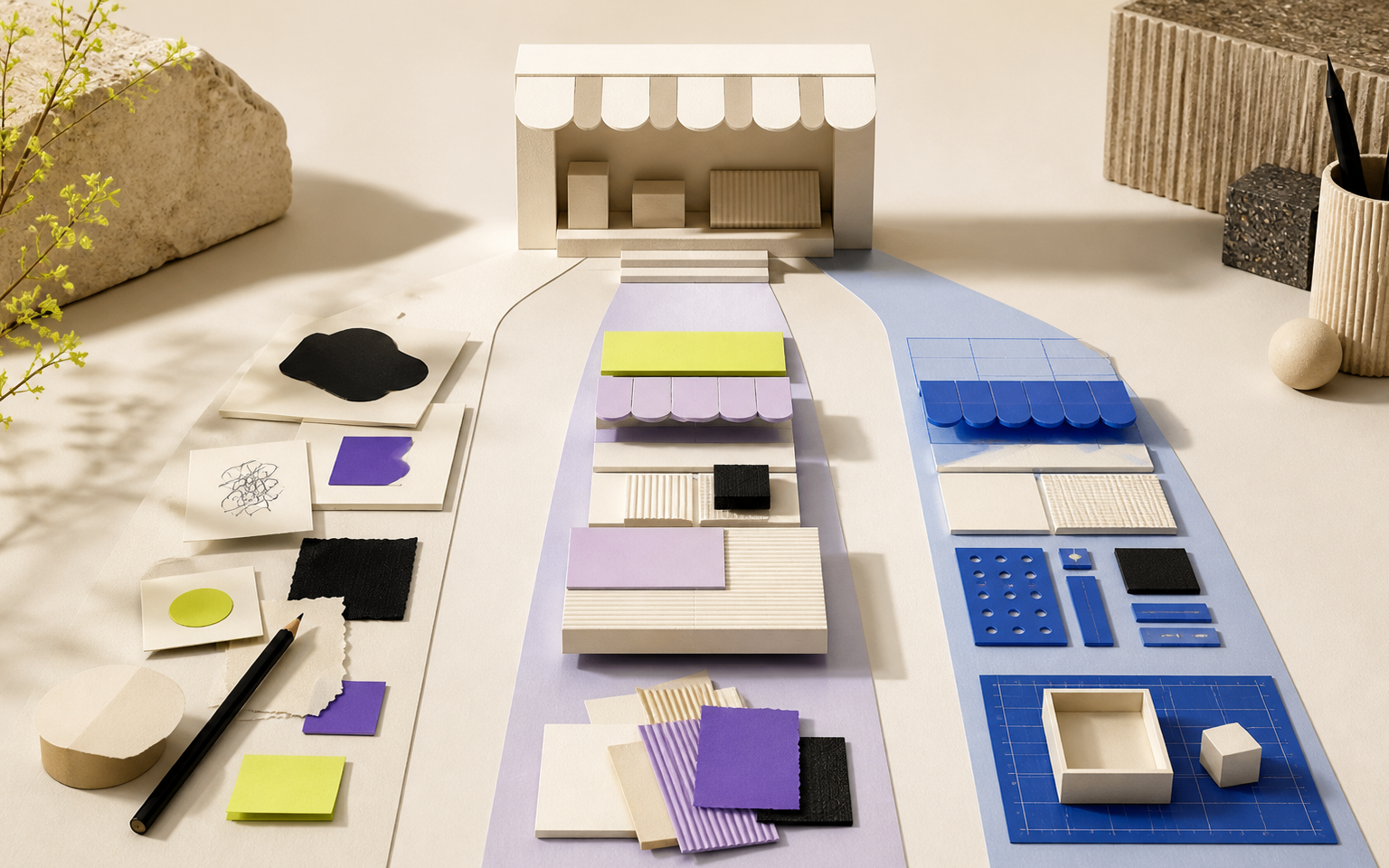 Three parallel creative workflows converging on one abstract storefront.