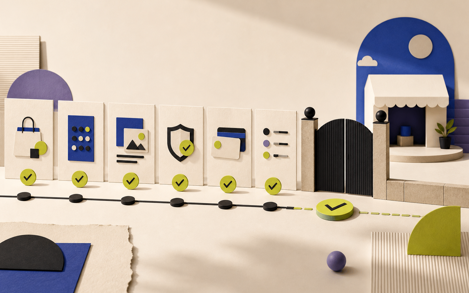 A sequence of launch checklist cards leading to a separate release gate and storefront.