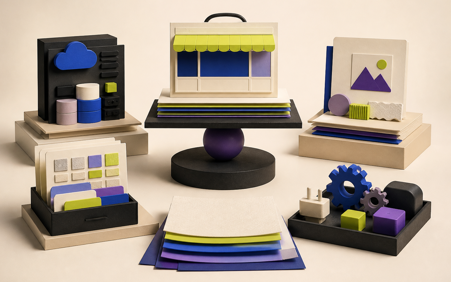 Balanced modular layers representing platform, storefront, content, product data and optional tools.