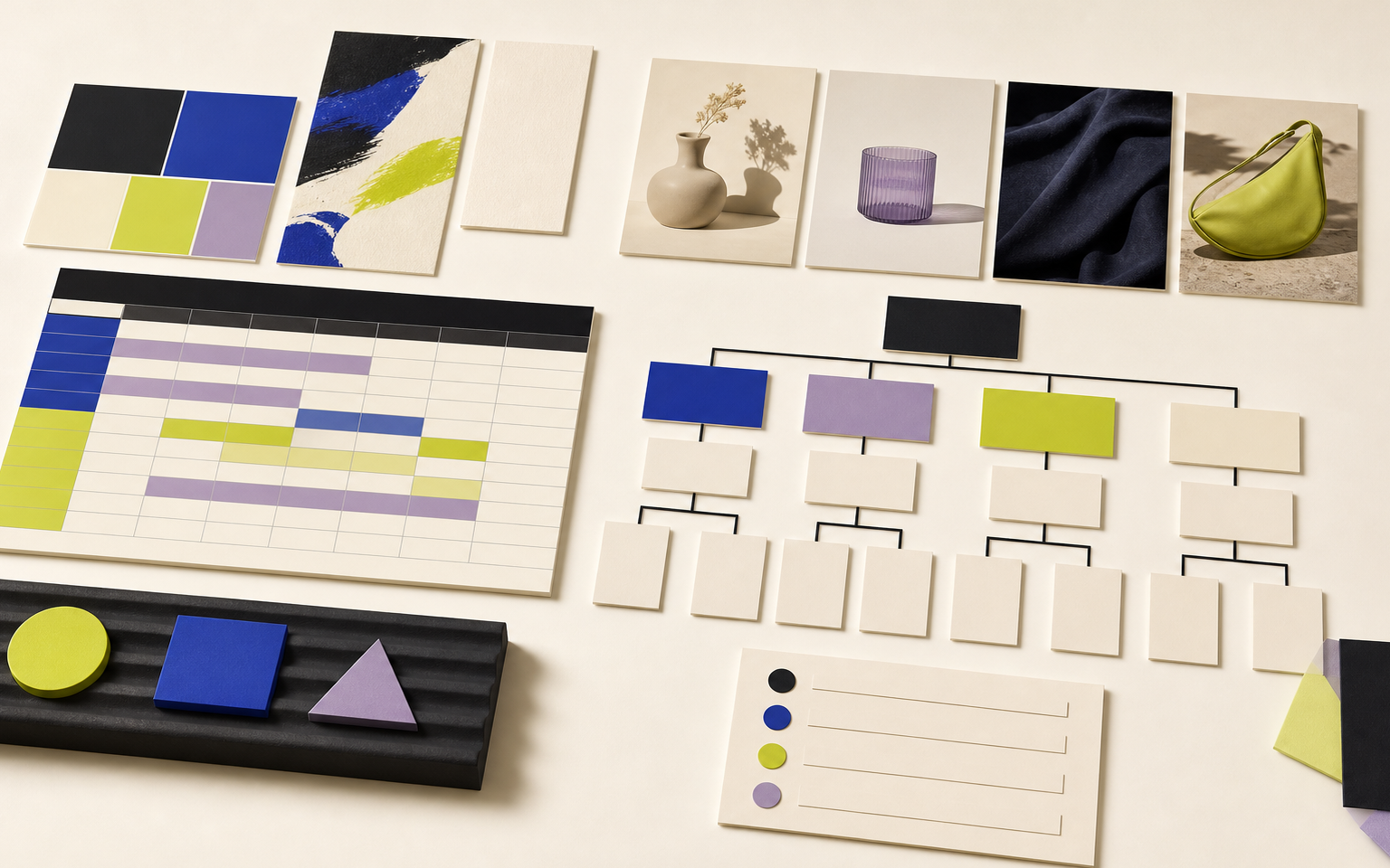 An organized storefront planning system with brand swatches, product cards, a spreadsheet and sitemap.